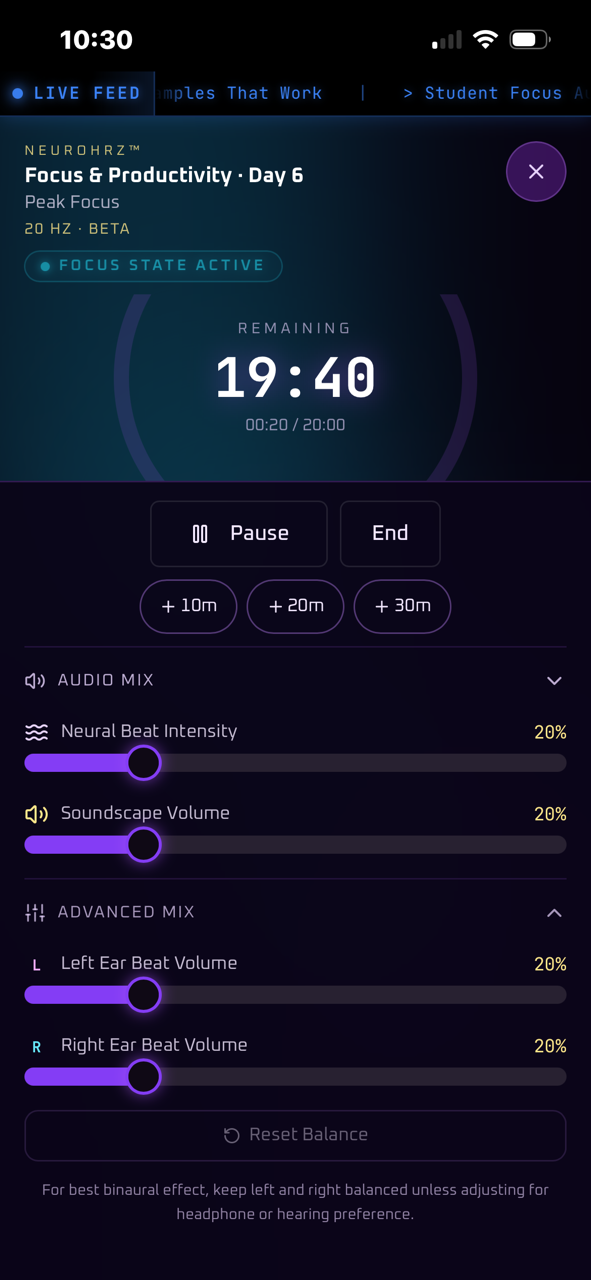 Fullscreen NeuroHtz session with countdown timer and Audio Mix controls