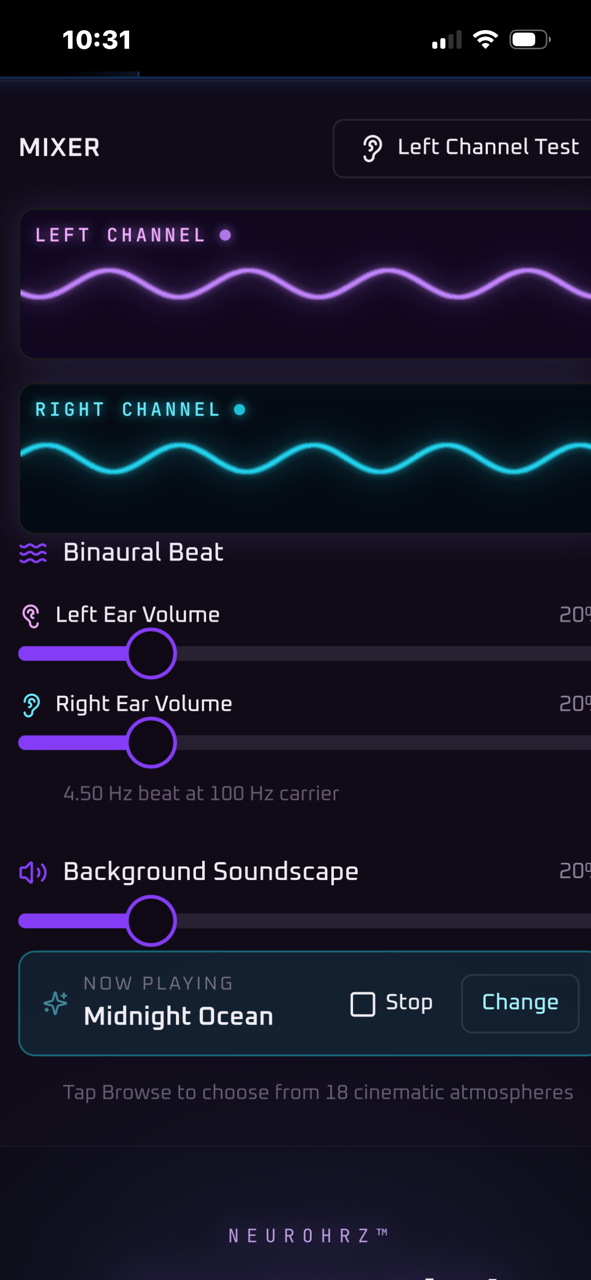 Mixer view showing Left and Right channel waveforms with Midnight Ocean soundscape selected from 18 cinematic atmospheres